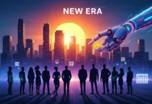 Silhouetted business team faces a city skyline with a robotic hand holding money.