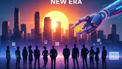 Silhouetted business team faces a city skyline with a robotic hand holding money.