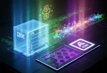 IBM server and ARM processor with glowing data connections.