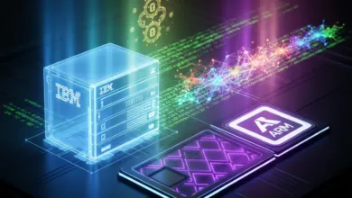 IBM server and ARM processor with glowing data connections.