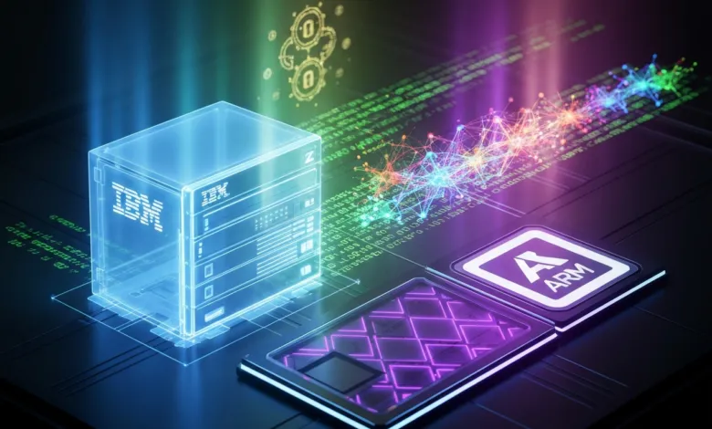 IBM server and ARM processor with glowing data connections.