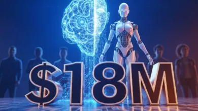AI robot stands behind $18M with brain graphic and blurred people.