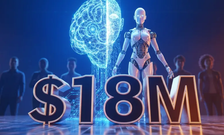 AI robot stands behind $18M with brain graphic and blurred people.
