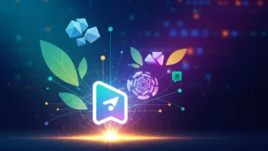 Abstract digital art with a central icon surrounded by geometric shapes and leaves.