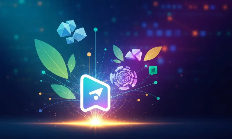 Abstract digital art with a central icon surrounded by geometric shapes and leaves.