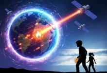 Illustration of Earth with satellites, laser beam, and silhouettes of a child and adult.