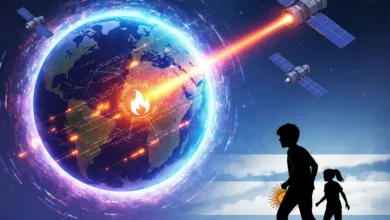 Illustration of Earth with satellites, laser beam, and silhouettes of a child and adult.