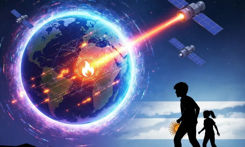 Illustration of Earth with satellites, laser beam, and silhouettes of a child and adult.