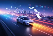 Futuristic self-driving taxi speeds along highway with city skyline backdrop.