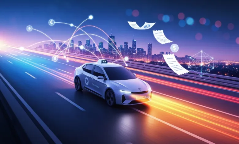 Futuristic self-driving taxi speeds along highway with city skyline backdrop.