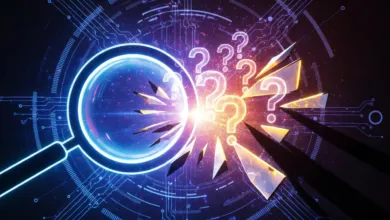 Magnifying glass focuses on question marks amidst digital circuitry.