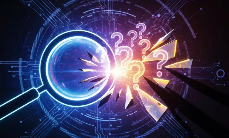 Magnifying glass focuses on question marks amidst digital circuitry.
