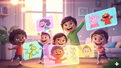 Group of happy children holding up cartoon character images.