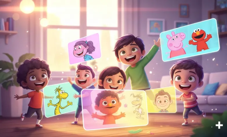 Group of happy children holding up cartoon character images.
