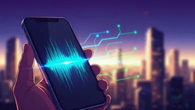 Hand holding phone displaying audio waveform with city skyline background.