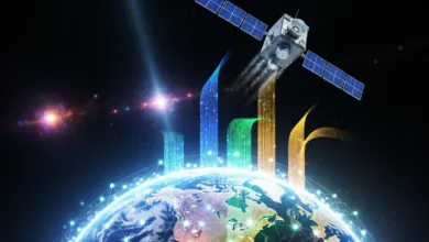 Satellite orbiting Earth with data streams and network connections.