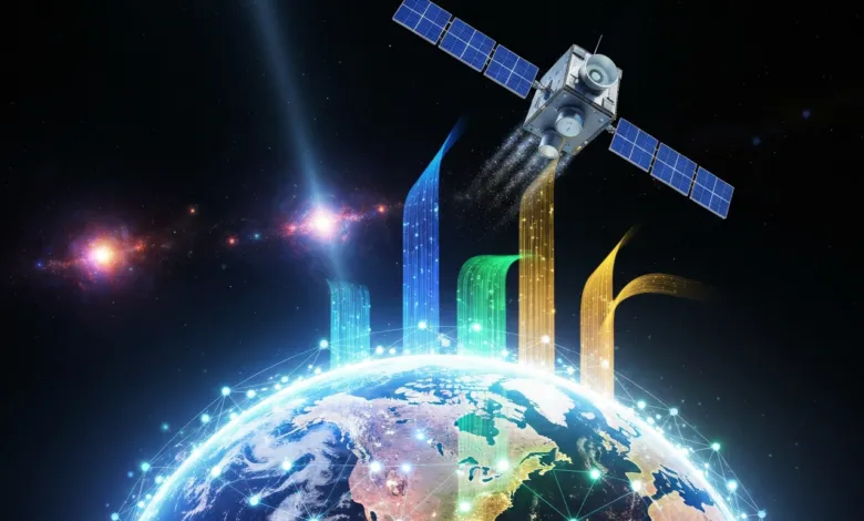 Satellite orbiting Earth with data streams and network connections.