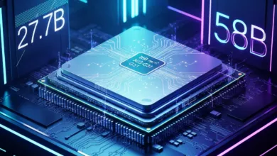 Close-up of a computer chip with intricate circuit patterns and neon lighting.