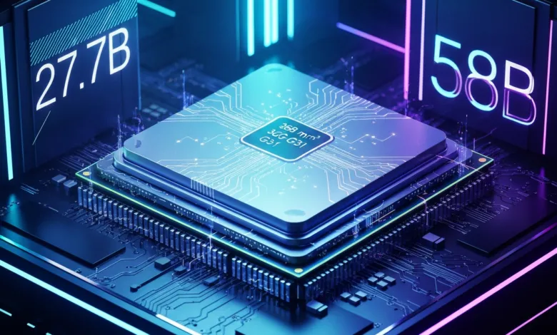 Close-up of a computer chip with intricate circuit patterns and neon lighting.