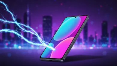 Smartphone charging with lightning effect against a city backdrop.