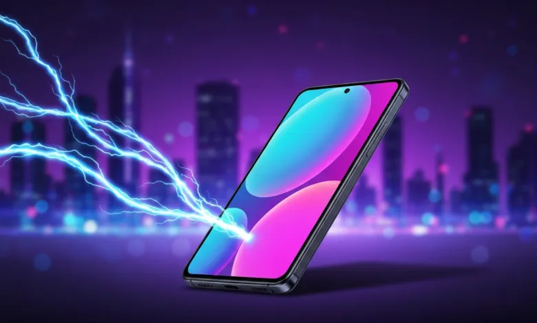 Smartphone charging with lightning effect against a city backdrop.