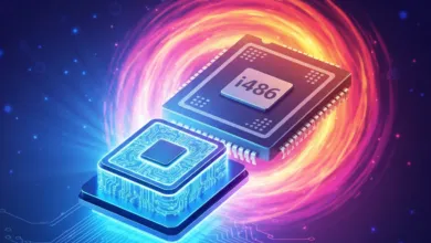 Two computer chips, one labeled i486, against a swirling, colorful background.