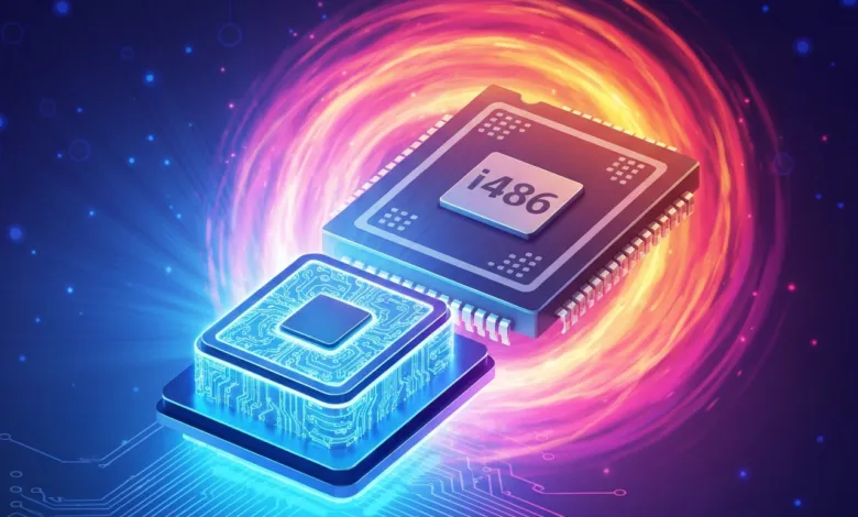 Two computer chips, one labeled i486, against a swirling, colorful background.