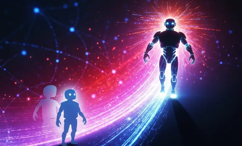 Futuristic image of a robot emerging from a digital portal.