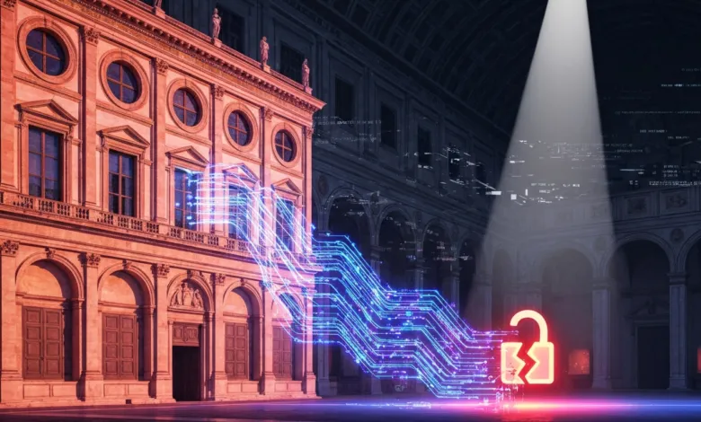 Digital unlock icon with circuit board path in front of an old building.