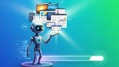 Robot presents website designs with LCP, FID labels on a blue-green gradient background.