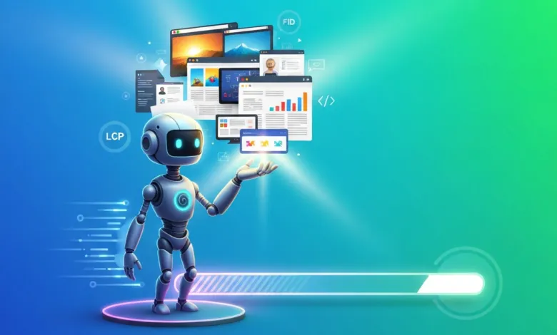 Robot presents website designs with LCP, FID labels on a blue-green gradient background.