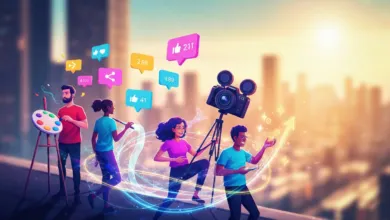 Diverse creators on rooftop with social media icons and camera, city backdrop.