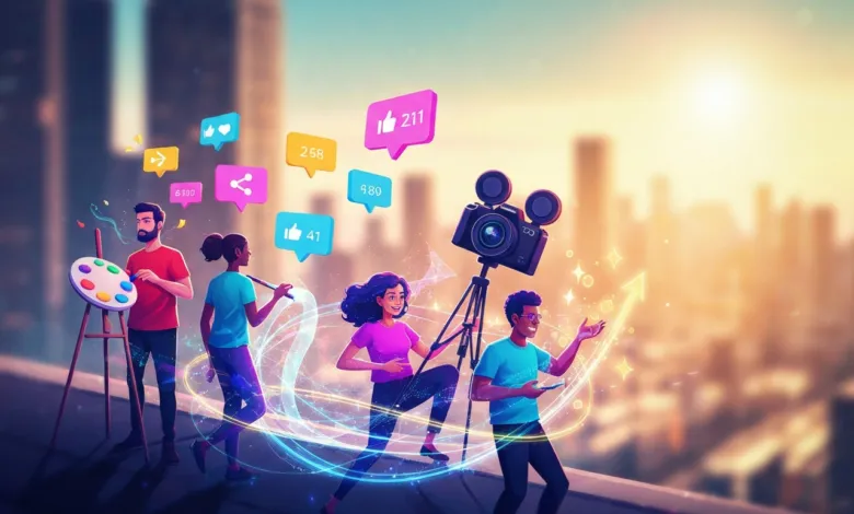 Diverse creators on rooftop with social media icons and camera, city backdrop.