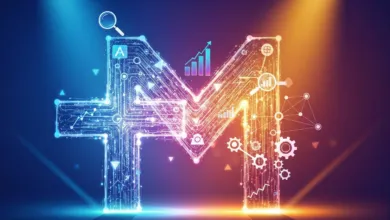 Abstract 'M' shape with data analytics icons, glowing blue and orange.