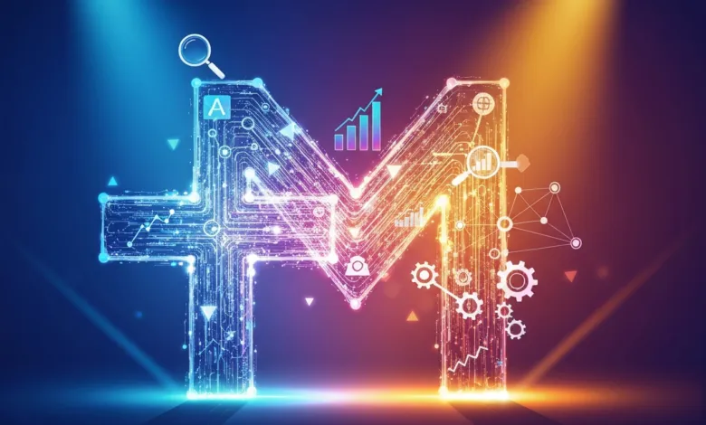 Abstract 'M' shape with data analytics icons, glowing blue and orange.