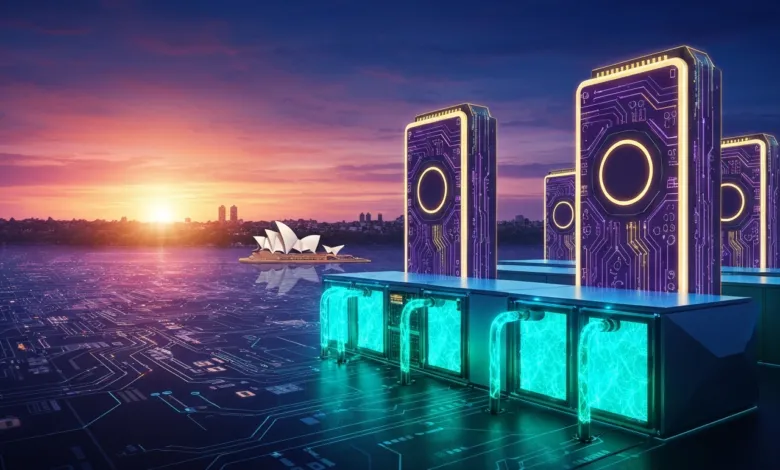 Futuristic data center with Sydney Opera House backdrop at sunset.