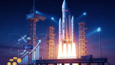 Rocket launching with financial growth indicators and satellite imagery.