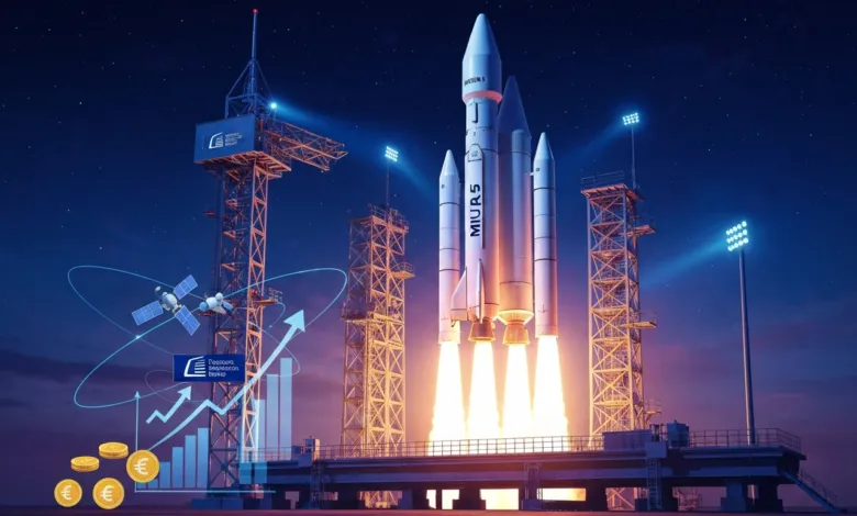 Rocket launching with financial growth indicators and satellite imagery.