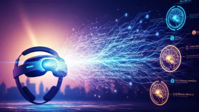 VR headset emitting data streams for early disease detection, against a cityscape backdrop.