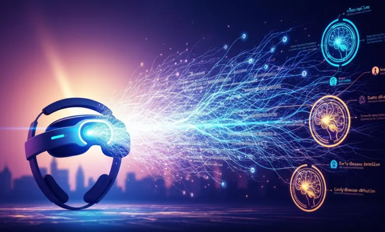 VR headset emitting data streams for early disease detection, against a cityscape backdrop.