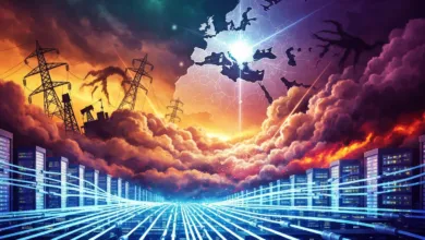 Abstract data center with Europe map, power lines, and glowing cables.