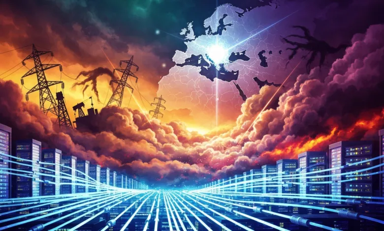 Abstract data center with Europe map, power lines, and glowing cables.