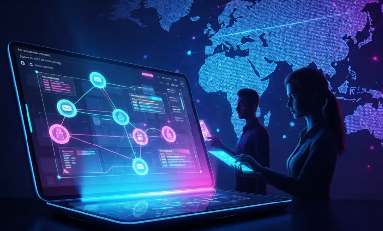 Laptop displaying network data with two people interacting with technology.