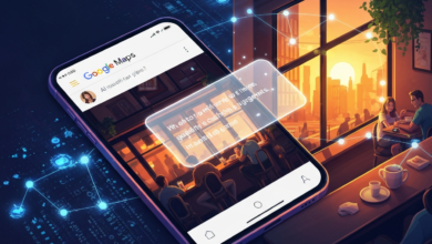 Smartphone displaying Google Maps with a cafe scene and data connections.