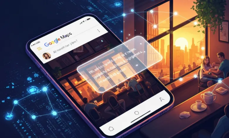 Smartphone displaying Google Maps with a cafe scene and data connections.