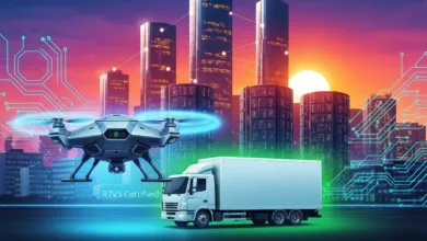 Drone and truck in front of city skyline, digital overlay.