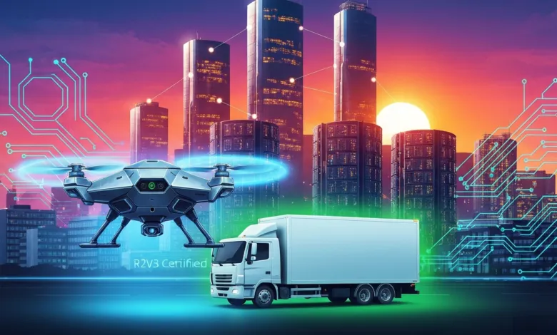 Drone and truck in front of city skyline, digital overlay.