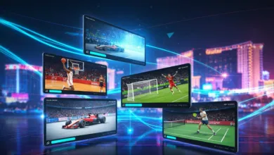 Screens display sports: basketball, racing, soccer, tennis, against city backdrop.