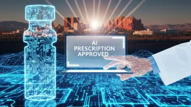AI prescription approval displayed on a tablet with a digital vaccine vial.