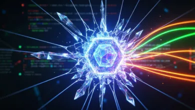 Abstract digital art: glowing hexagon with crystal shards and data streams.